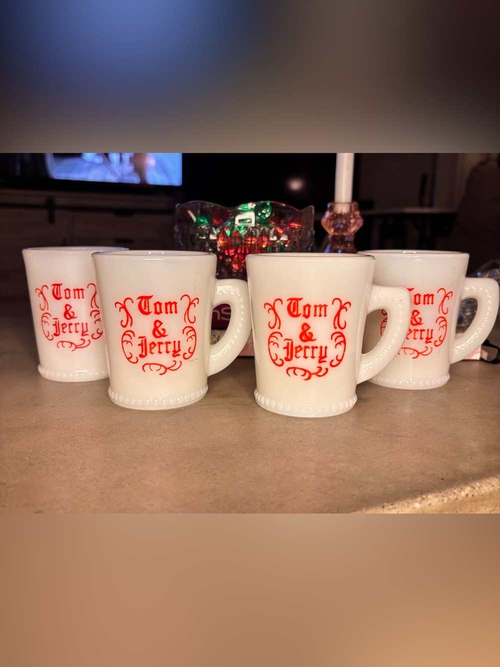 Vintage McKee Milk Glass Tom & Jerry Christmas Cocktail Mugs Set of 4 Red